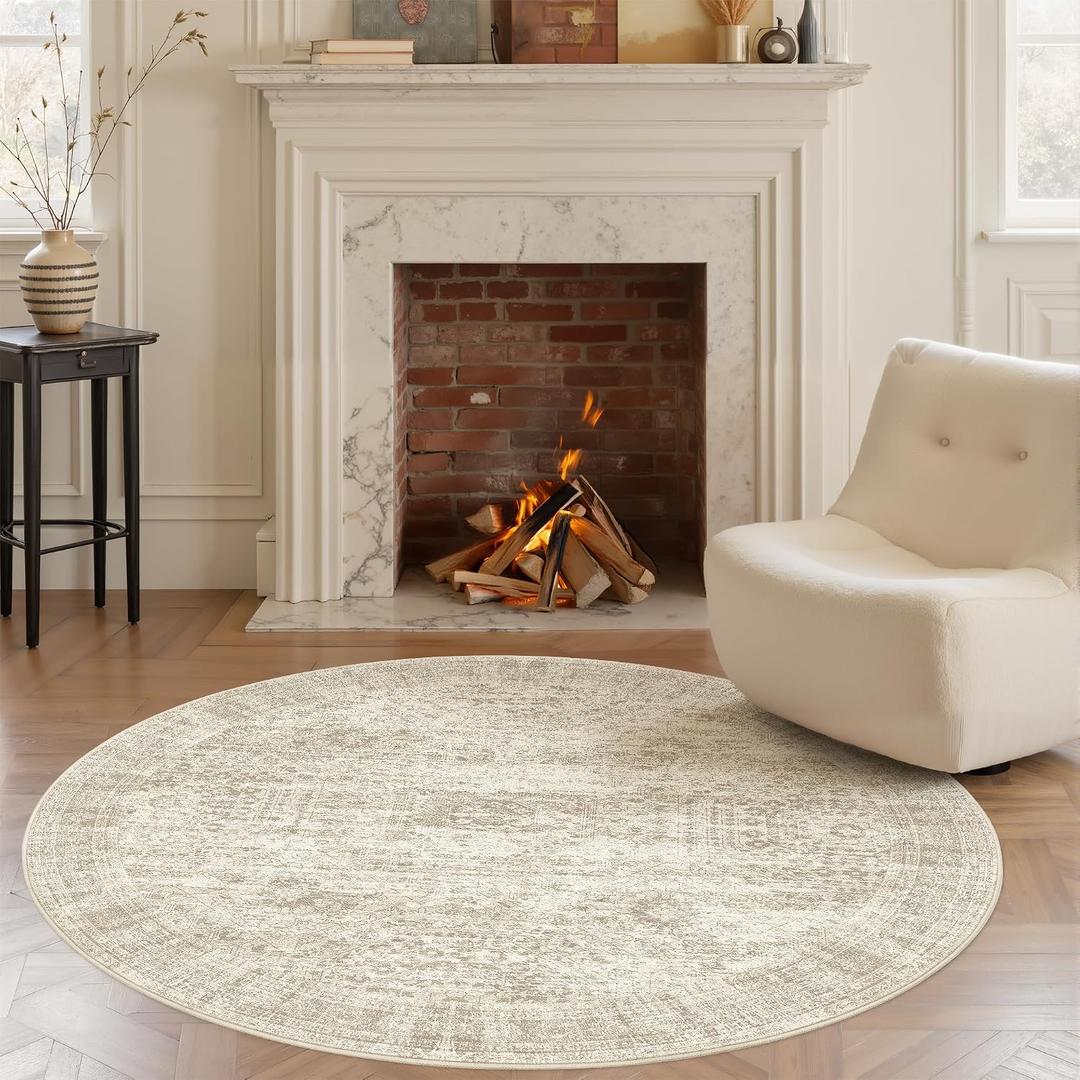 Soalmost 6x6 Beige Round Rug 6ft Living Room Circle Rug Vintage Round Area Rug Non Slip Indoor Carpet for Dining Room Bedroom