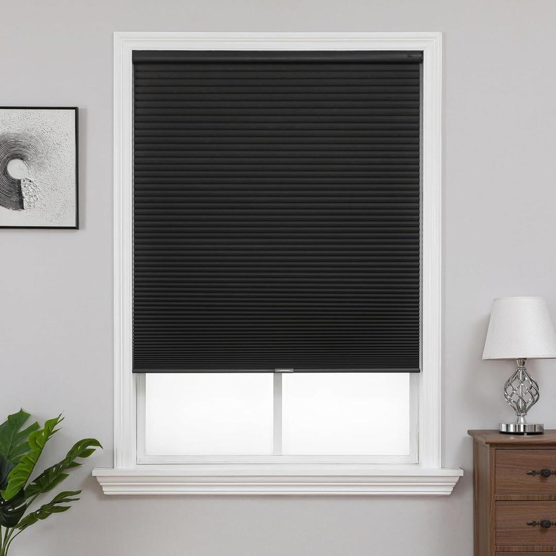 Joydeco No Tools No Drill Window Blinds for Indoor Windows, Blackout Shades Cellular Shades Cordless, No Drill Blinds for Windows, Window Shades for Home, Bedrooms, Doors (Black, 34" W x 64" H)
