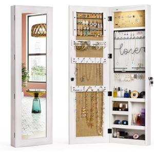 SRIWATANA Jewelry Armoire Cabinet, Solid Wood Jewelry Organizer with Full Length Mirror Wall/Door Mounted(Washed White)