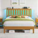 Rolanstar Full Bed Frame with Headboard, Charging Station and LED Lights, Wooden Bed Frame Foundation with Wood Slat Support, No Box Spring Needed, Pine
