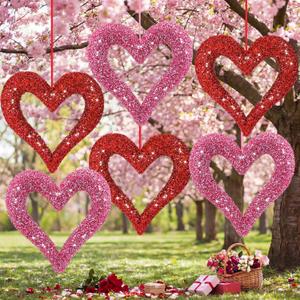 6 Pcs Large Heart Ornaments for Valentines 10'' 3D Glitter Heart Hanging Ornament for Tree Wreath Door Home Window Valentine's Day Wedding Holiday Decor(Red and Pink,Glitter Particles)