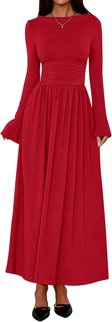 BTFBM Long Sleeve Maxi Dresses for Women 2025 Fall Casual Ruched Boat Neck Flowy Elegant Formal Wedding Guest Dress (Red, XS)