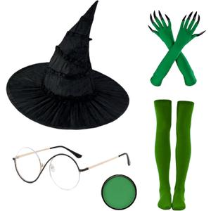 Witch Costume Accessories Glasses Hat Gloves Stockings Green Face Paint for Women Halloween Movie Wizard Cosplay Props Role-playing Party