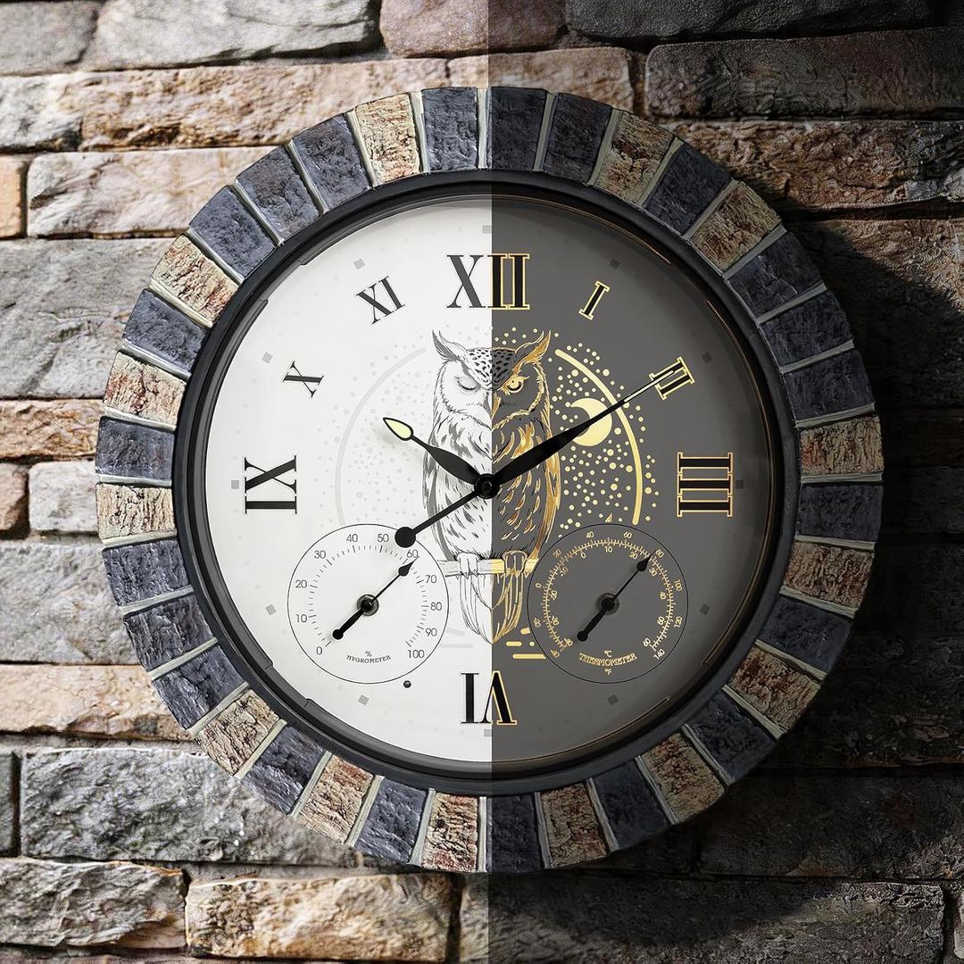 18 Inch Outdoor Clocks Waterproof with Thermometer Hygrometer, Illuminated Smart Night Light Large Patio Outdoor Wall Clock, Silent Battery Operated Outdoor Clock for Garden Pool Porch