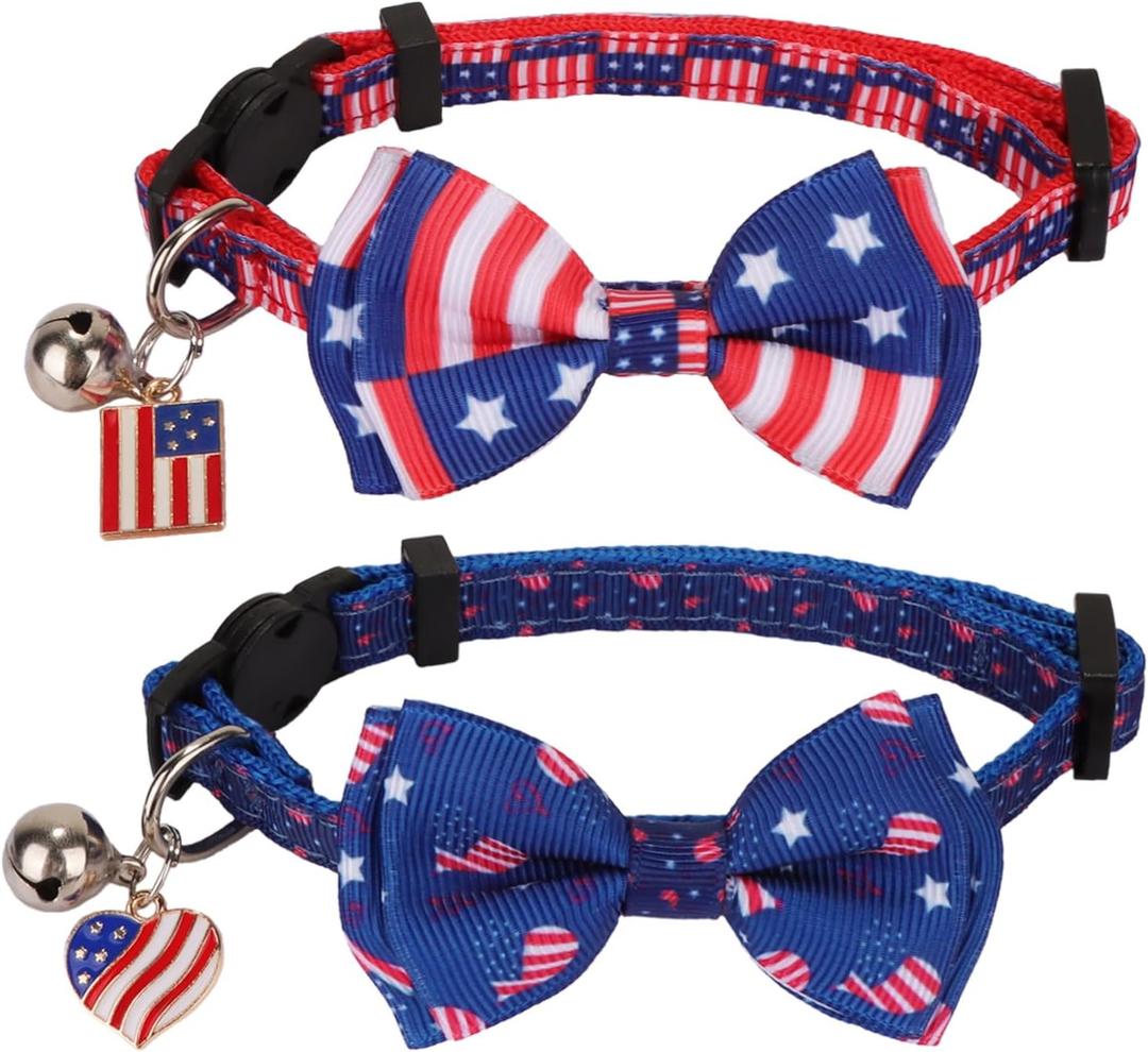 PTDECOR American Flag Cat Collar Breakaway with Cute Bow Tie Bell, 4th of July Cat Collar, Patriotic Bowtie Collars for Kittens