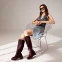 ISNOM Knee High Boots Women Chunky Low Heel Square Toe Elastic Boots Side Zipper Faux Leather Fall Long Tall Boot (7.5, Burgundy-block Heels)