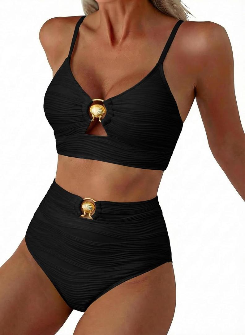 Herseas Womens 2 Piece Bikini Sets High Waisted Metal Ring Textured Swimsuit 2026 Summer Bathing Suits Beach Swimwear (Black, XXL)