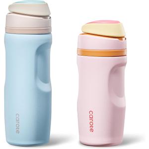 CAROTE Insulated Stainless Steel Water Bottle 2 Pack, Cute Water Bottle with Handle, Dual Drink Spout with BPA-Free Straw, Great for School, Sports and Travel (16 Oz Pink & 26 Oz Blue)