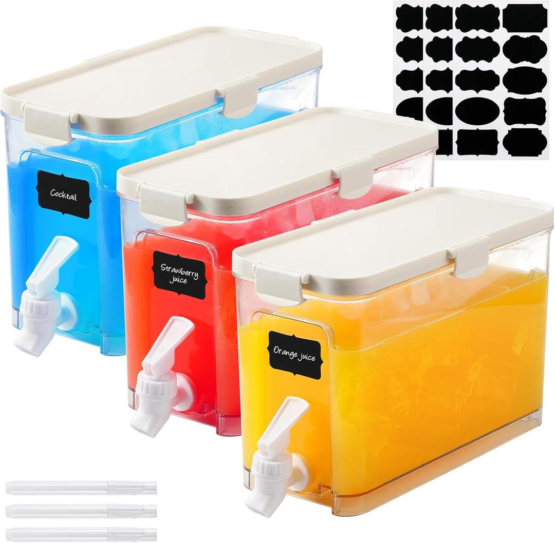 Mumufy 3 Set Plastic Drink Dispensers for Parties Beverage Dispenser for Fridge with Spigot Iced Juice Lemonade Container with Labels and Pens Summer Party Supplies(1 Gallon,White)