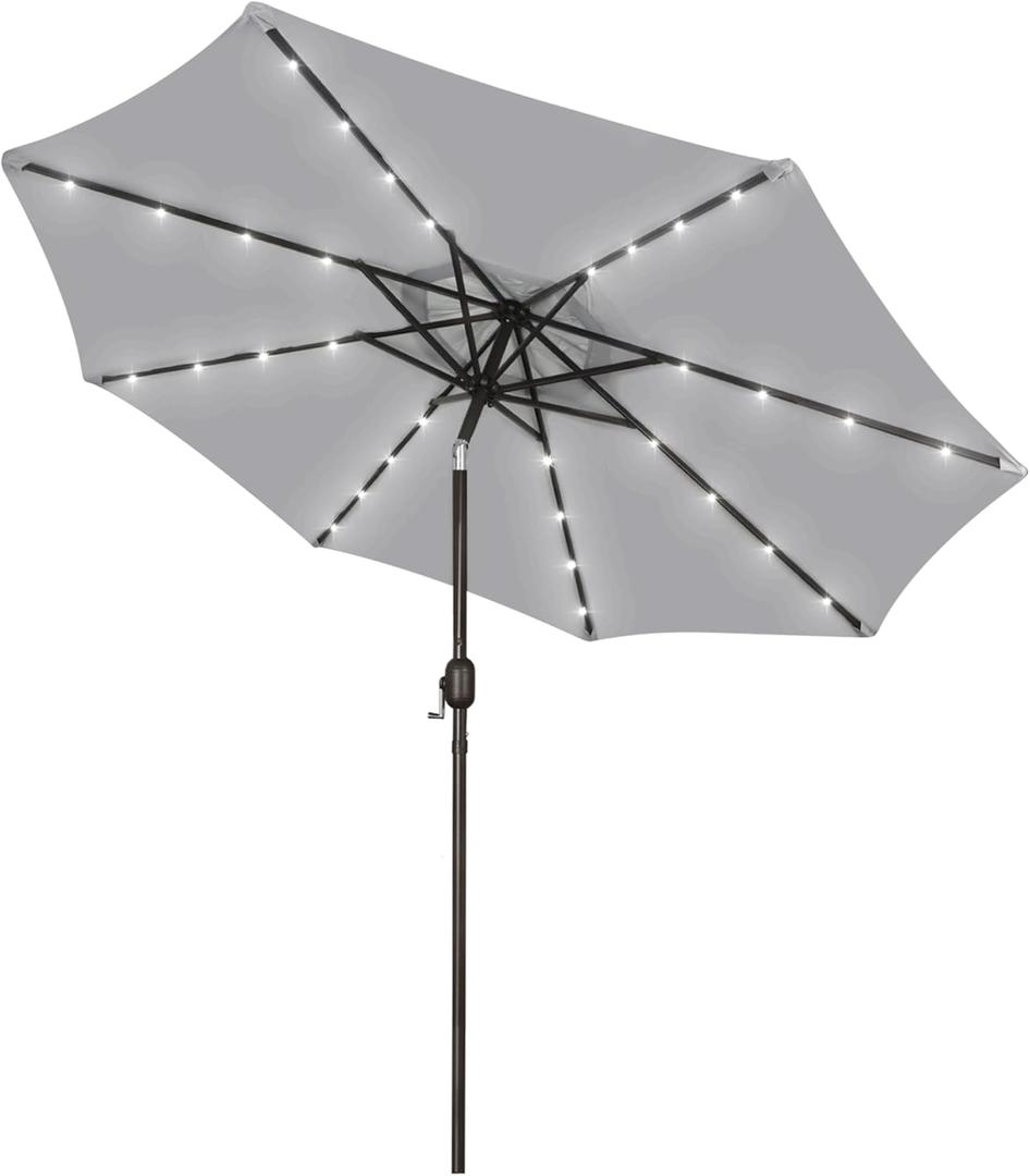 Blissun 9 ft Solar Umbrella, Patio Umbrella with 32 LED Lights, Table Market Umbrella, Outdoor Umbrella for Garden, Deck, Backyard (Light Grey)