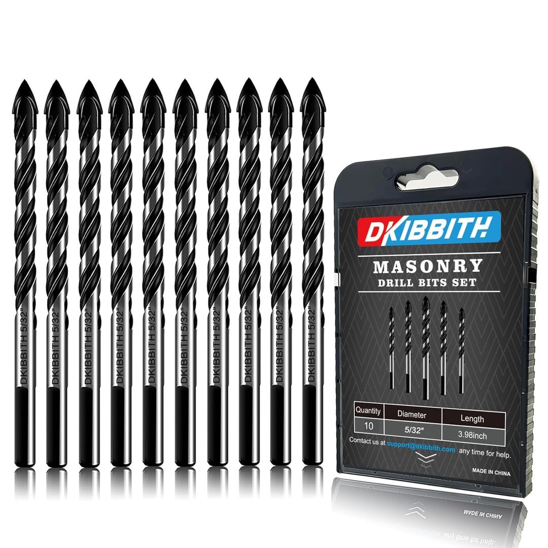 10-Piece 5/32" Masonry Drill Bits for Tile Glass Ceramic Wall Brick Stone Soft-Metal Wood, 1/4 Inch Concrete Drill Bits Cement Drill Bit Set, 3-Flat Shank, YG8 Carbide Tungsten Steel Alloy Tip 4mm