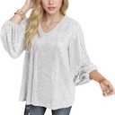 MAYSTEPPE Women Sequin Top Sexy V Neck Balloon Long Sleeve Sequin Shirt Sparkly Glitter Party Tops Blouse for Party Club (Silver, S)