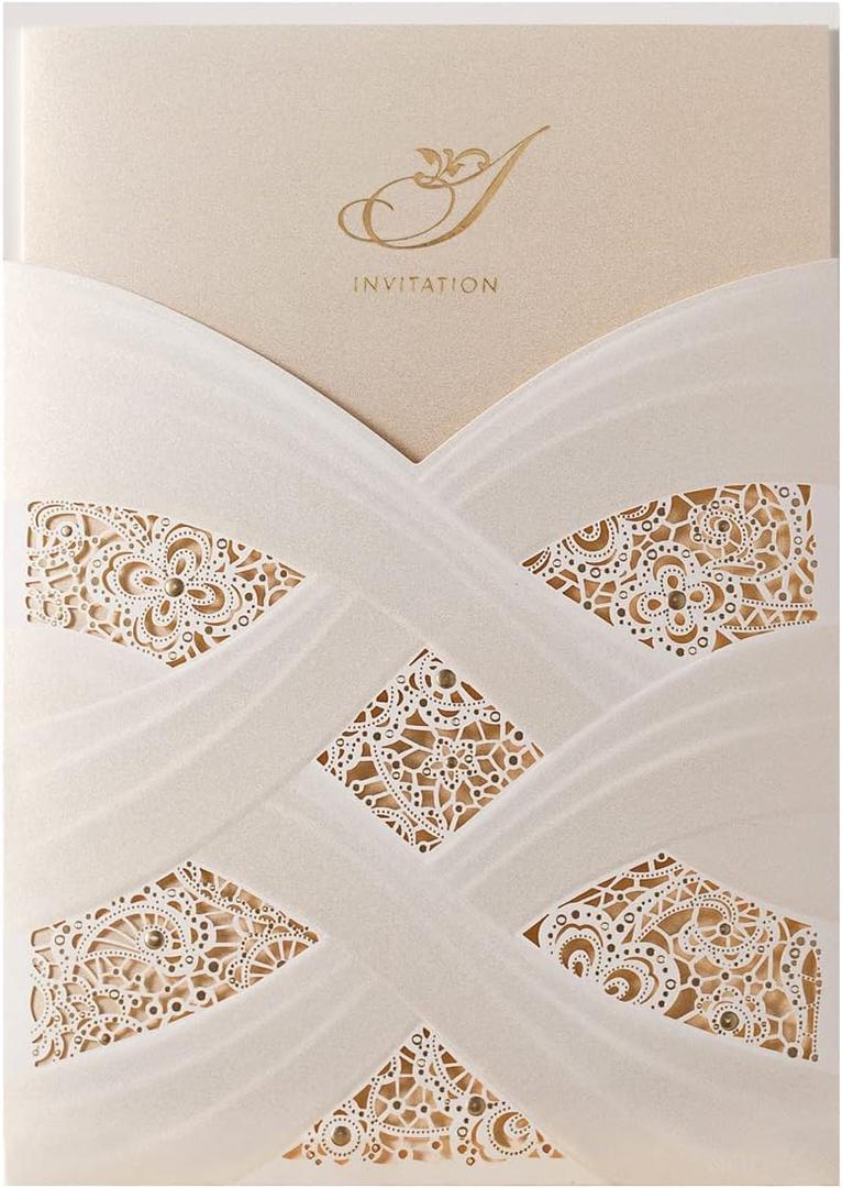 Hosmsua 50PCS Blank Wedding Invitations Kit Laser Cut light Gold Hollow Foil Flora Lace Sleeve Pocket with Envelopes for Quinceanera Wedding Invitation (Beige, 50PCS)