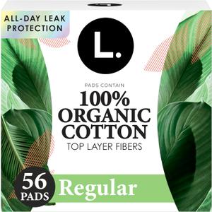 L. Ultra Thin Pads for Women, Regular Absorbency, Organic Cotton Top Layer, Unscented Pads with Wings, 56 Count