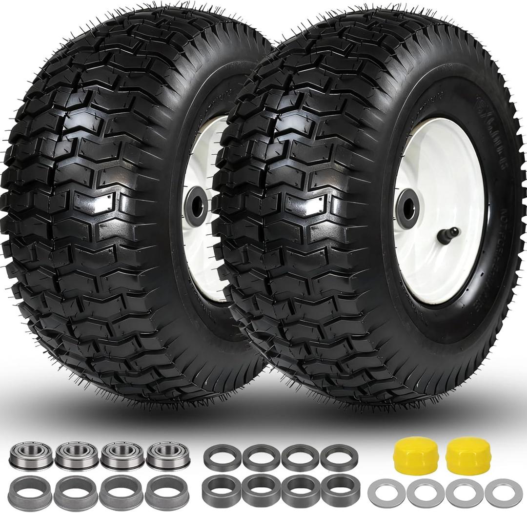15x6.00-6 Lawn Mower Tires, 15x6.00-6 Tire and Wheel Tubeless, 15x6-6 Front Tire Assembly Compatible with John Deere/Cub Cadet Riding Mowers, 3" Offset Hub, 3/4" Bushing, 570lbs Capacity