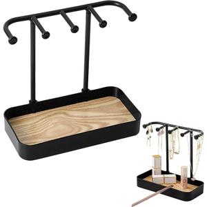 Jewelry Organizer Stand, Necklaces Holder with Wooden Tray, Necklace Display Stand Jewelry Storage Hooks for Necklace, Bracelets, Earrings, Ring, Keys, Watches (Black)