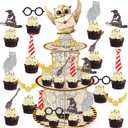 Wizard Cupcake Stand Toppers, Halloween Magical School 3 Tier Cup Cake Tower Holder with Dessert Topper Set 25pcs Happy Birthday Baby Shower Party Decorations Display Supplies for Boys Girls