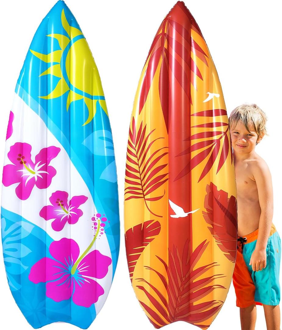 2 Pcs 60" Luau Inflatable Surfboard Hawaiian Theme Beach Pool Float Summer Tropical Blow up Pool Board Blue and Orange Surfboard for Adults Kids Beach Hawaiian Party Decor, 2 Styles