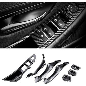 FEXON Carbon Fiber Window Switch Armrest Panel, Inner Door Pull Handle Trim Cover Kits Replacement for 2010-2016 BMW 5 Series 520 523 525 528 530 535 51417225875