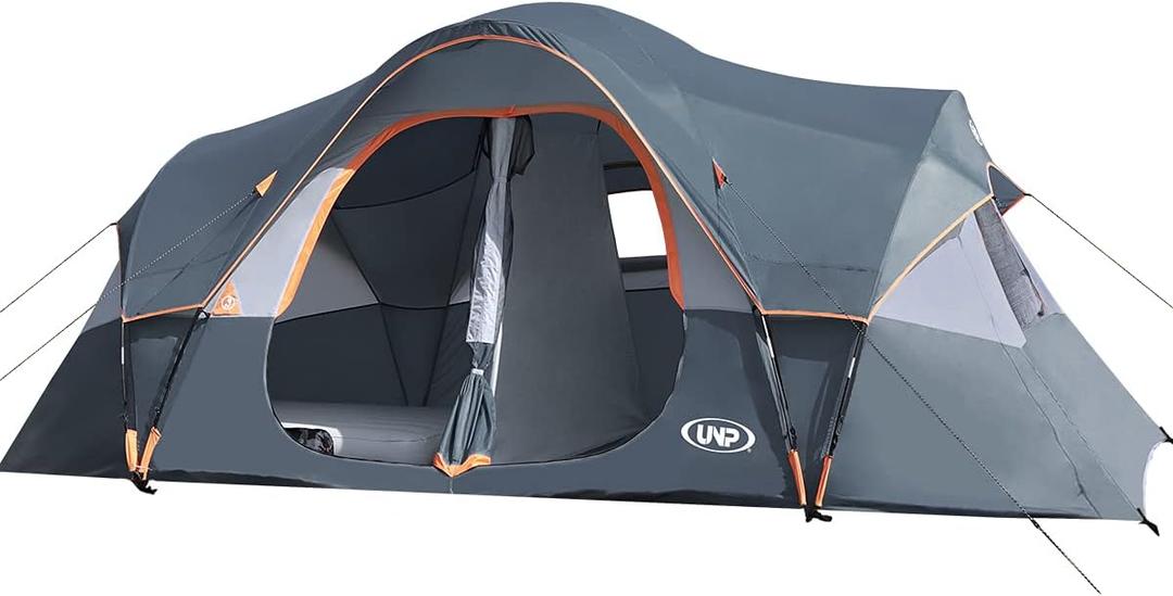 UNP Camping Tent 10-Person-Family Tents, Parties, Music Festival Tent, Big, Easy Up, 5 Large Mesh Windows, Double Layer, 2 Room, Waterproof, Weather Resistant, 18ft x 9ft x78in (Gray)