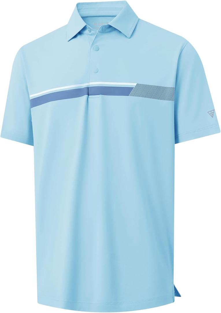 M MAELREG Mens Golf Shirts Short Sleeve Chest Print Stripe Moisture Wicking Dry Fit Casual Collared Mens Polo Shirts (Light Blue), M