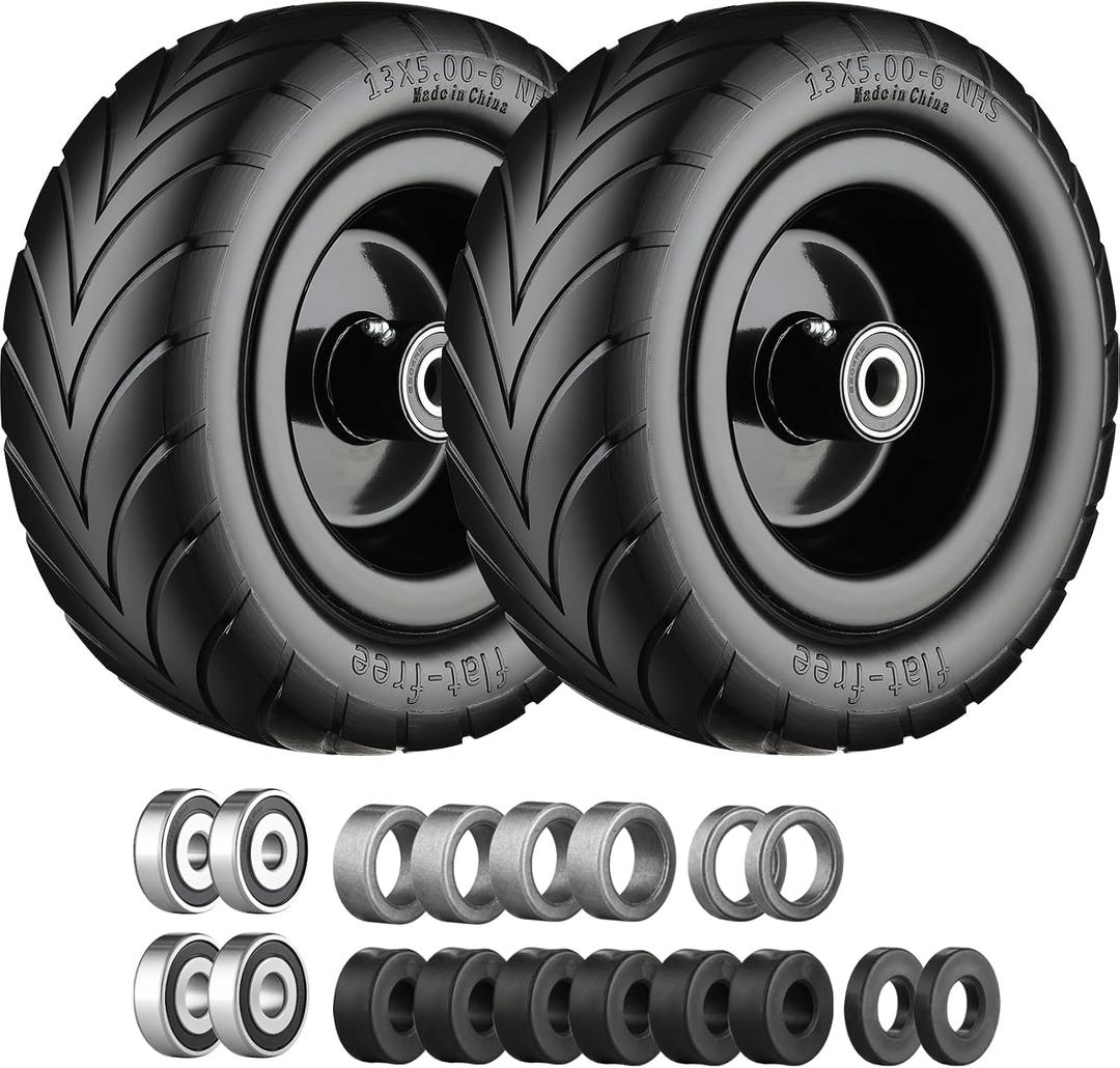13x5.00-6 Flat Free Tire and Wheel,Zero Turn Mower Front Tires with 3/4", 5/8" and 1/2" Bearings, Compatible with Lawn Mower or Garden Tractor Black Rim -2Pack