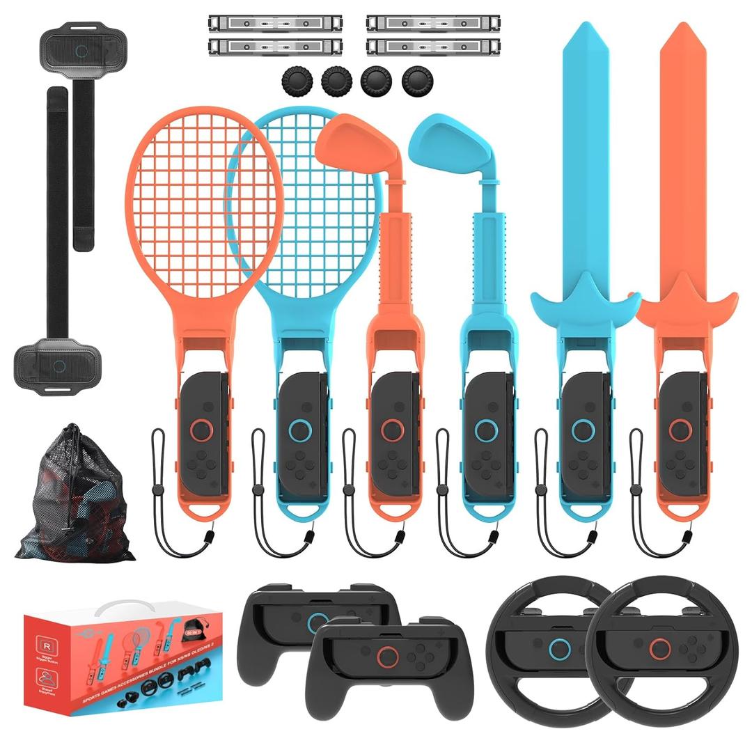 Switch 2/ 1 Sports Accessories, KEPLUG 20 in 1 Sports Bundle for Nintendo Switch 2/ 1 with 2 Joycon Grips 2 Steering wheels, Durable Family Accessories Kit, 2 Tennis Rackets, Golf Clubs 2 Swords 2 Leg Strap