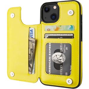ONETOP Compatible with iPhone 13 Wallet Case with Card Holder, PU Leather Kickstand Card Slots Case, Double Magnetic Clasp Durable Shockproof Cover 6.1 Inch(Yellow)