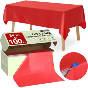 54 in X 100 FT Red Plastic Table Cover Roll with Slide Cutter, Cuts Up to 12 Rectangle 8 Feet Disposable Plastic Table ClothsDisposable Table Cover Roll for Dinning, Parties, BBQ, Wedding, Outdoor
