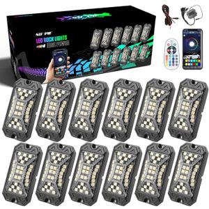 SUNPIE 12 Pods RGBW Rock Lights  Full Beam Angle, 30 High Power Chips, Aluminium Housing, Mounting Pads Included, IP67 Waterproof, Music Mode Underglow Lights, Fits Trucks, SUV, ATV, UTV, Boats