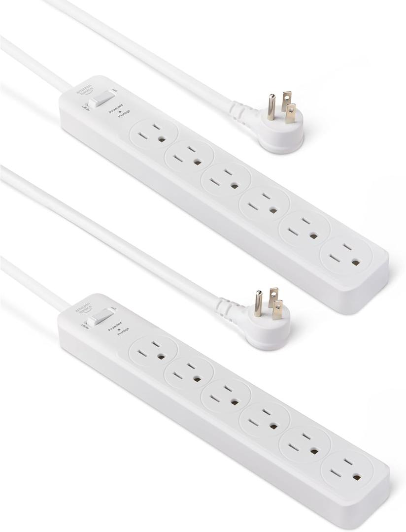 Amazon Basics Rectangle 6-Outlet, 600 Joule Surge Protector Power Strip, 2ft, Small, White, 2-Pack