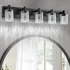 SineRise Vanity Light with 3 Color Modes (3000K/4000K/6000K), Eye Protection LED Bathroom Light Fixture, Dimmable Modern Wall Light Over Mirror with Clear Glass Shade (Black, 5-Light)