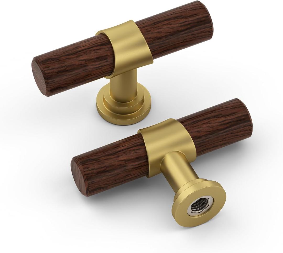 homdiy 10 Pack Wood Cabinet Knobs Gold Cabinet knobs Walnut Wood Grain Metal Drawer Pulls for Dresser Cupboard (Single Hole)