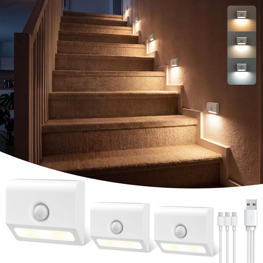 VOLISUN Rechargeable Motion Sensor Night Light, 3 Colors Temperature Stair Lights Indoor, Magnetic Portable Battery Night Light with Light Sensor for Hallway Bathroom Bedroom Closet White 10 Pack