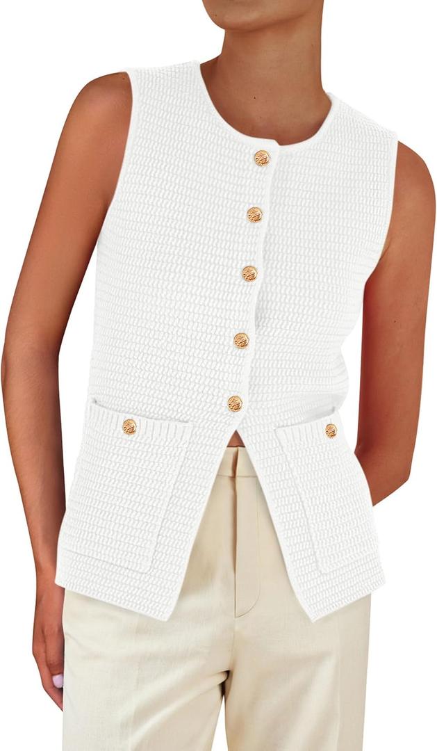 PRETTYGARDEN Women's 2026 Spring Sweater Vest Sleeveless Button Down Knit Cardigan Tank Tops Summer Business Casual Outfits (White,Medium) 