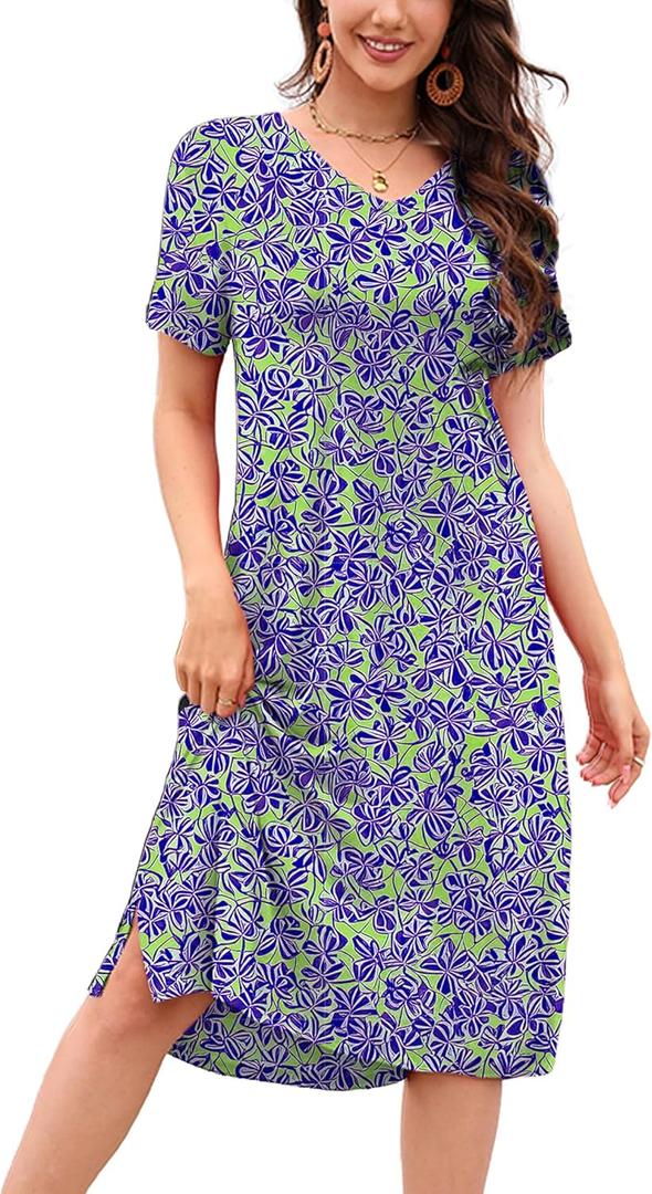 VOBCTY Women's Casual Short Sleeve Floral Tshirt Dress Summer V Neck Loose Knee Length Nightgown for Daily Sleepwear 2026 06B X-Large
