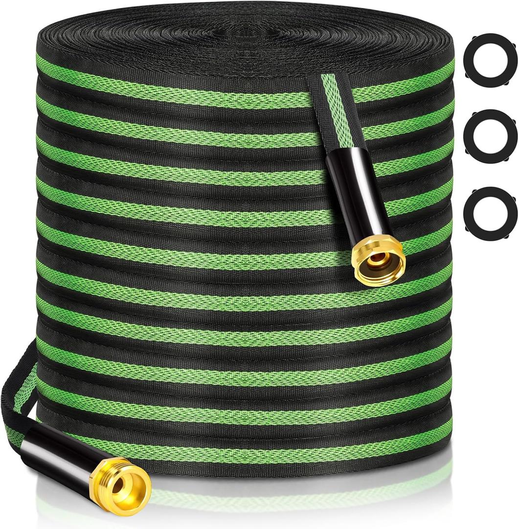 Garden Hose 50 ft Flexible Water Hoses Non-Expanding Lightweight Portable No Kink High Pressure Flat Fabric 3/4” fittings Leak-proof Durable Pipe for Outdoor Outside Yard Lawn Patio Watering Car Wash