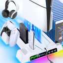 Cooling Stand for PS5/ Slim/Pro Disc & Digital Console, PS5 Cooling Station with Dual Controller Charging Station for PlayStation 5 Console, 3-Level Cooling Fan & Controller Charger Dock Accessories (White)