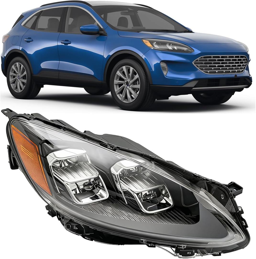 LED Headlight Assembly Compatible with 2020 2021 2022 2023 FORD ESCAPE SEL Model Left & Right Driver Side Black Housing Clear Lens Headlamps Replace # LJ6B-13W029-AH, LJ6B-13W030-AH (Right)