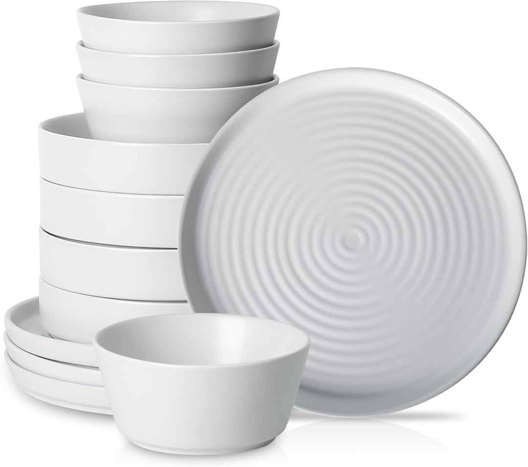 AmorArc Ceramic Dinnerware Sets for 4, 12 Pieces Handpainted Plates and Bowls Set with Rustic Terracotta Underside, Scratch Resistant Stoneware Dishes Set, Dishwasher & Microwave Safe, White