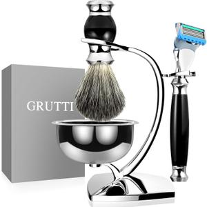 GRUTTI Premium Shaving Kit for Men, 4 in 1 Shaving Set Includes Shaving Stand & Soap Bowl &Brush, Deluxe Safety Mens Razor Holder with Non Slip Base Shaving Kit compatible with Fusion 5