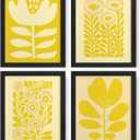 JXREQ Yellow Boho Abstract Neutral Floral Posters Wall Art Prints Set of 4, Mid Century Modern Abstract Black and Beige Matisse Floral Wall Decor for Home Bedroom Living Room, 8x12 Inch Unframed