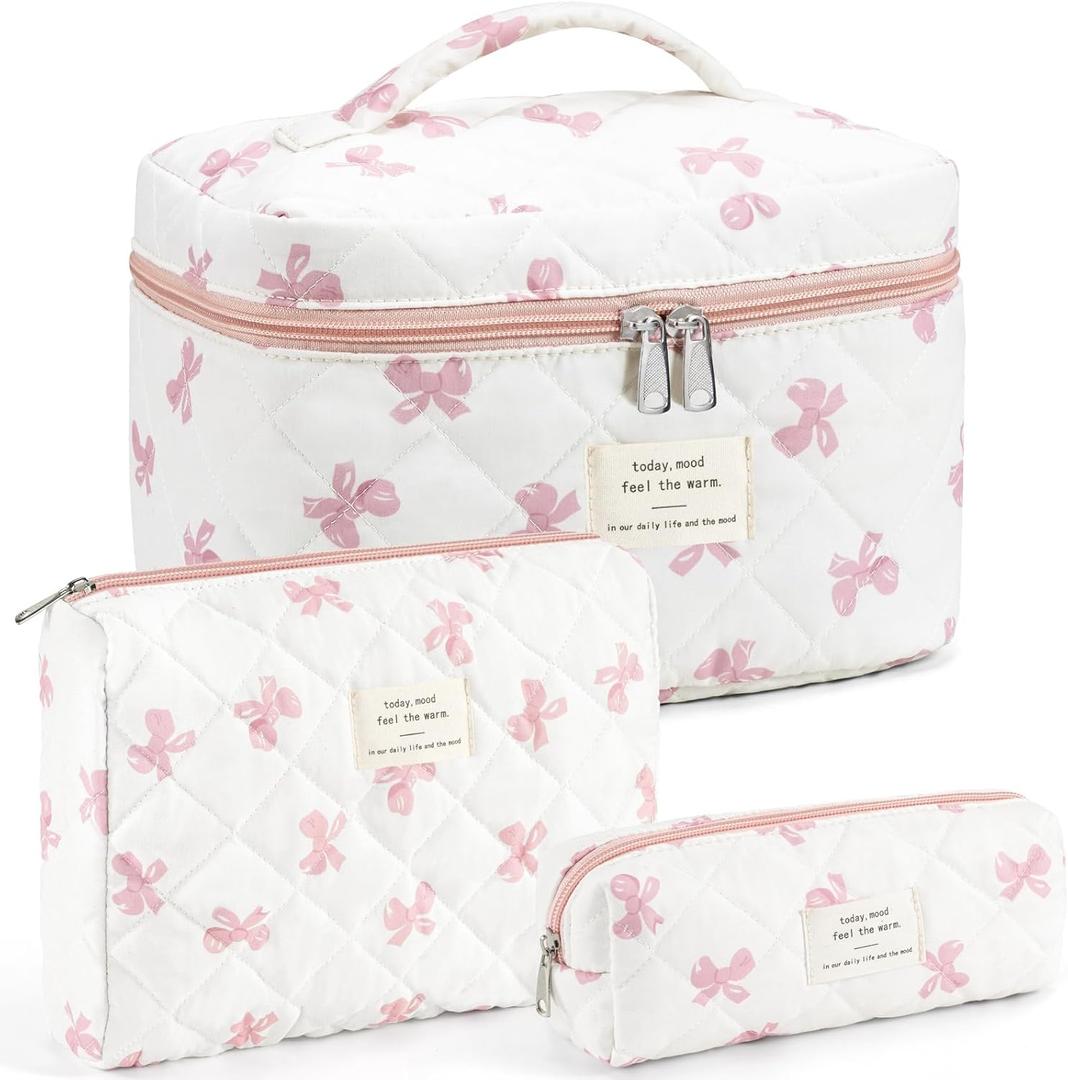 Makeup Bag for Women 3PCS Quilted Cotton Make Up Bag Travel Cosmetic Bag Large Makeup Bag Set Cute Bow Makeups Purse Organizer Floral Toiletry Pouch (White)