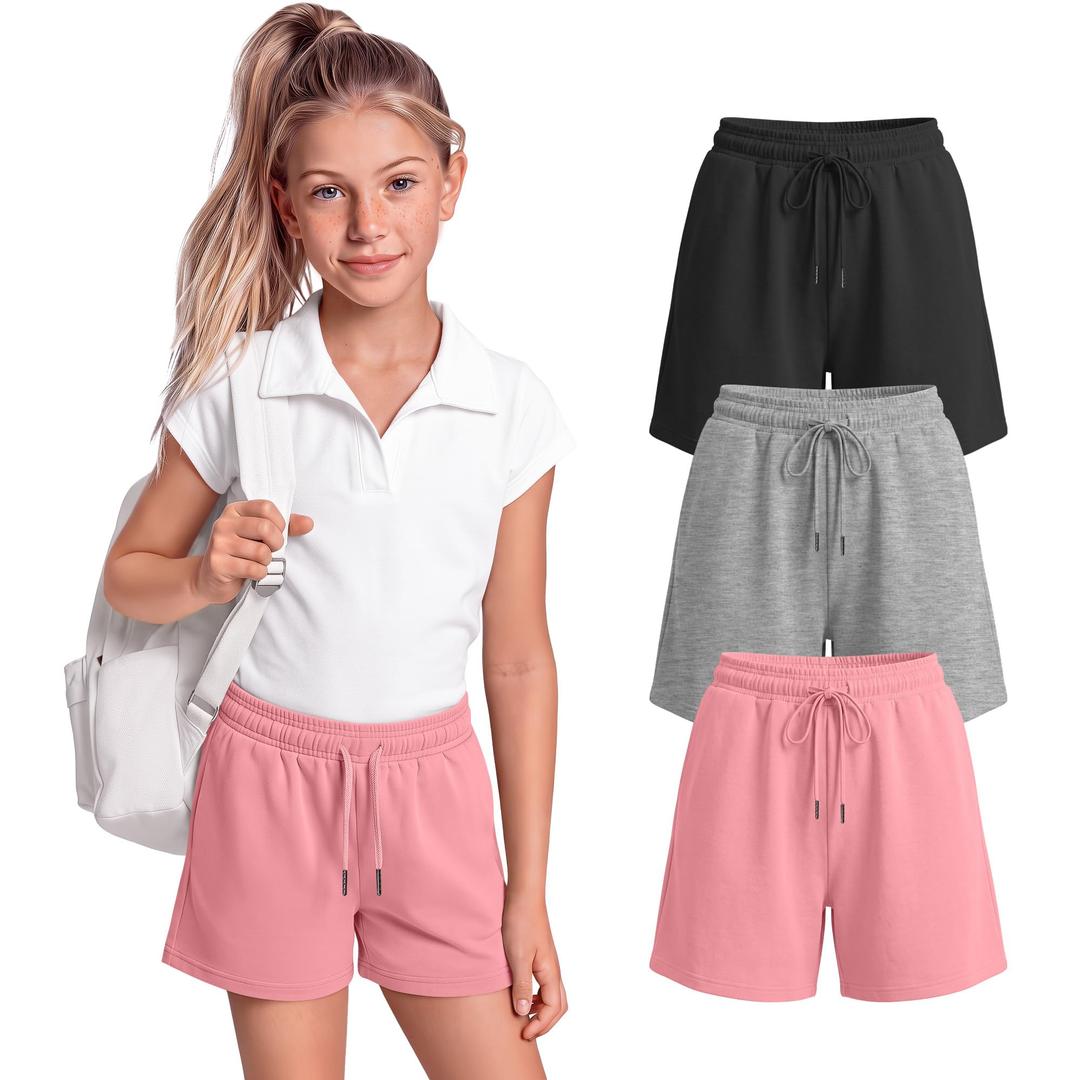 Vinsatin 3 Pack Girls Wide Leg Shorts with Pocket, 3-Color, 11-12 Years