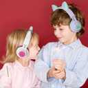 Riwbox Kids Wireless Headphones, CT-7S Cat Ear Bluetooth, 85dB Volume Limiting, LED Light Up Over Ear with Microphone for Laptop/PC/TV (Purple&Green)
