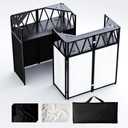 Portable DJ Booth Table,Foldable DJ Table Stand with White & Black Scrim,Adjustable D J Facade Station Triangle Plate Metal Frame with Cable Hole for Private Events, Clubs, Bars