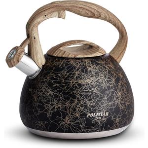 POLIVIAR Tea Kettle, Iron Grey Tea Pot Stovetop, 2.7 Quart Loud Whistling Coffee and Teapot, Food Grade Stainless Steel for Anti-Hot Handle and No-Rust, Suitable for All Heat Sources (JX2020-RB30) (Black/Gold)