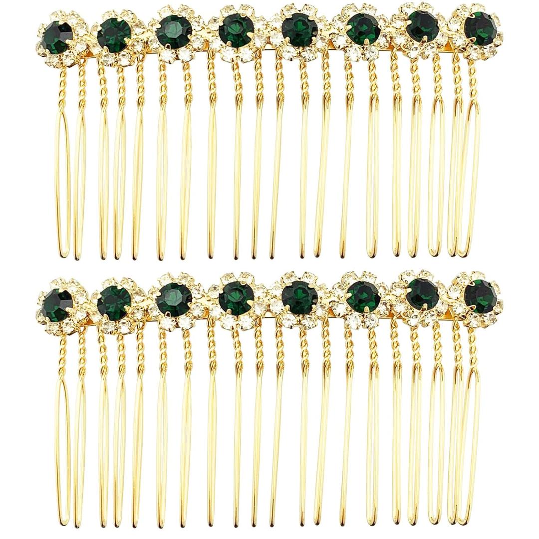 Bridal Crystal Side Combs for Hair 2 Pieces Wedding Flower Alloy Rhinestone French Hair Pins Accessories for Women Girls (Dark Green)