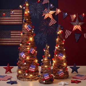 2 x Jenaai 3 Lighted 4th of July Rattan Table Tree Decor Patriotic 24'' 16'' 12'' Rattan Cone Trees Centerpieces for Tables Pre-lit 250th Anniversary Independence Day Decoration Metal Frame for Home Porch