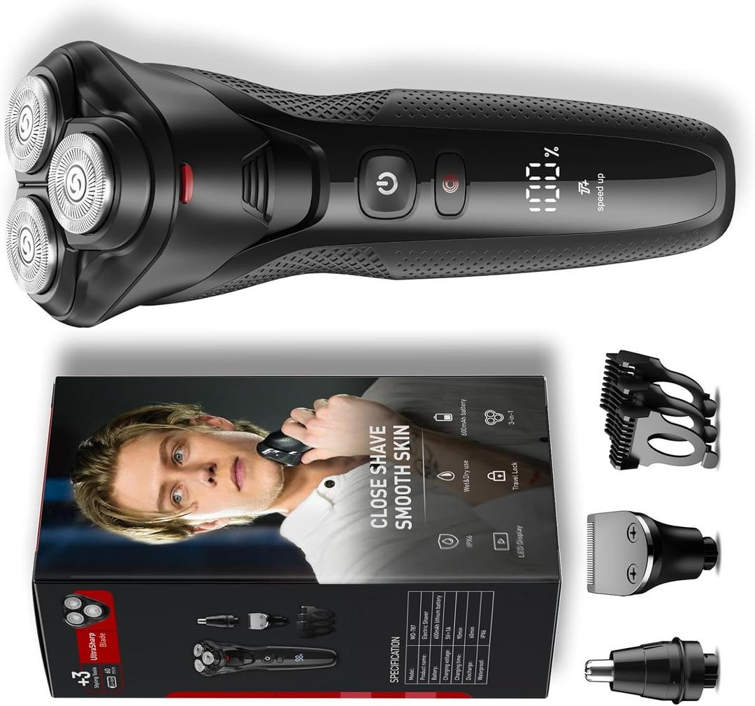 Cordless Men's Electric Razor, 3-in-1 Waterproof Shaver for Beard, Nose, and Sideburns with Turbo Speed Motor - Ceramic Black